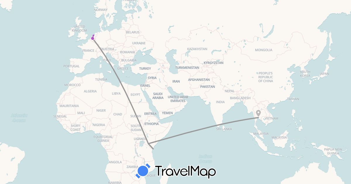 TravelMap itinerary: driving, plane, train in Belgium, Kenya, Netherlands, Thailand (Africa, Asia, Europe)